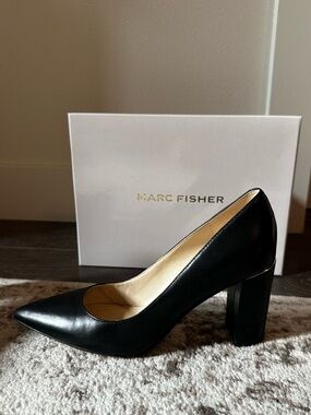 Marc Fisher Black Leather Pointed Block Heel Pump